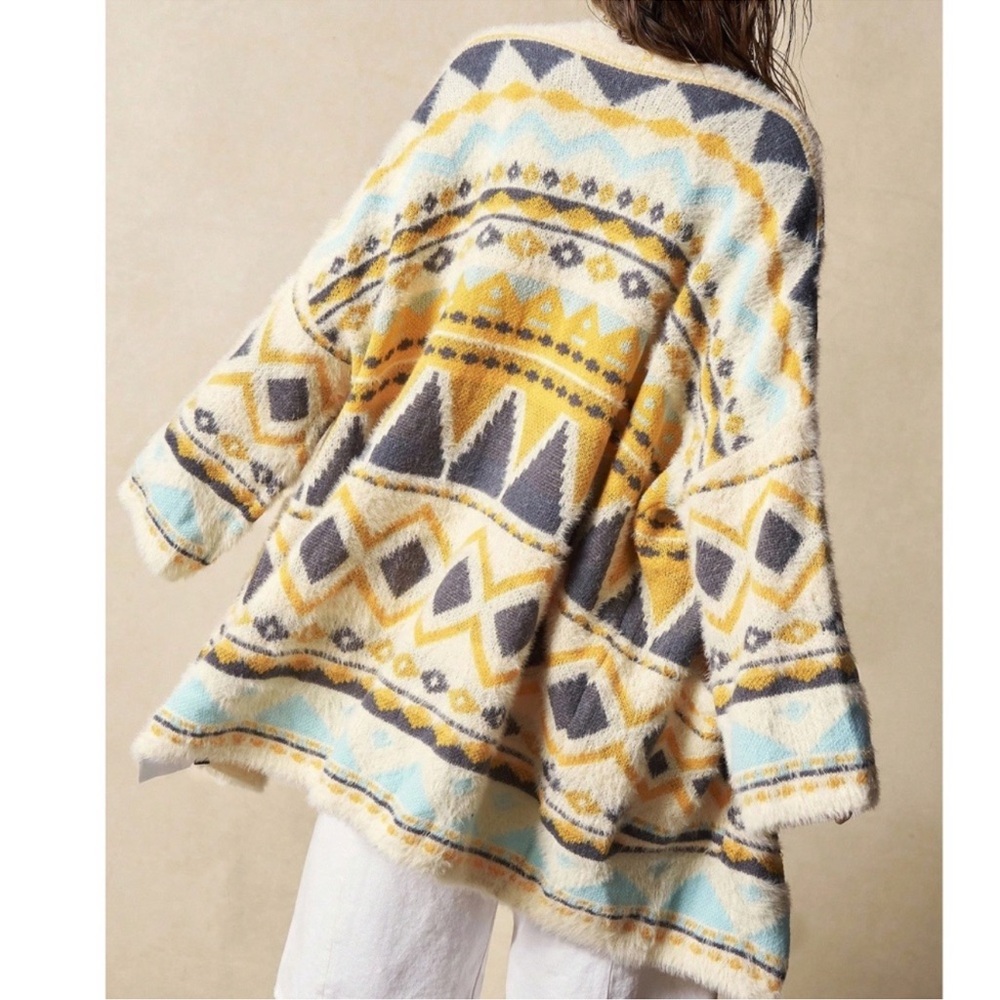 Cozy Geo Print Open Oversized Fuzzy Knit Cardigan S M L